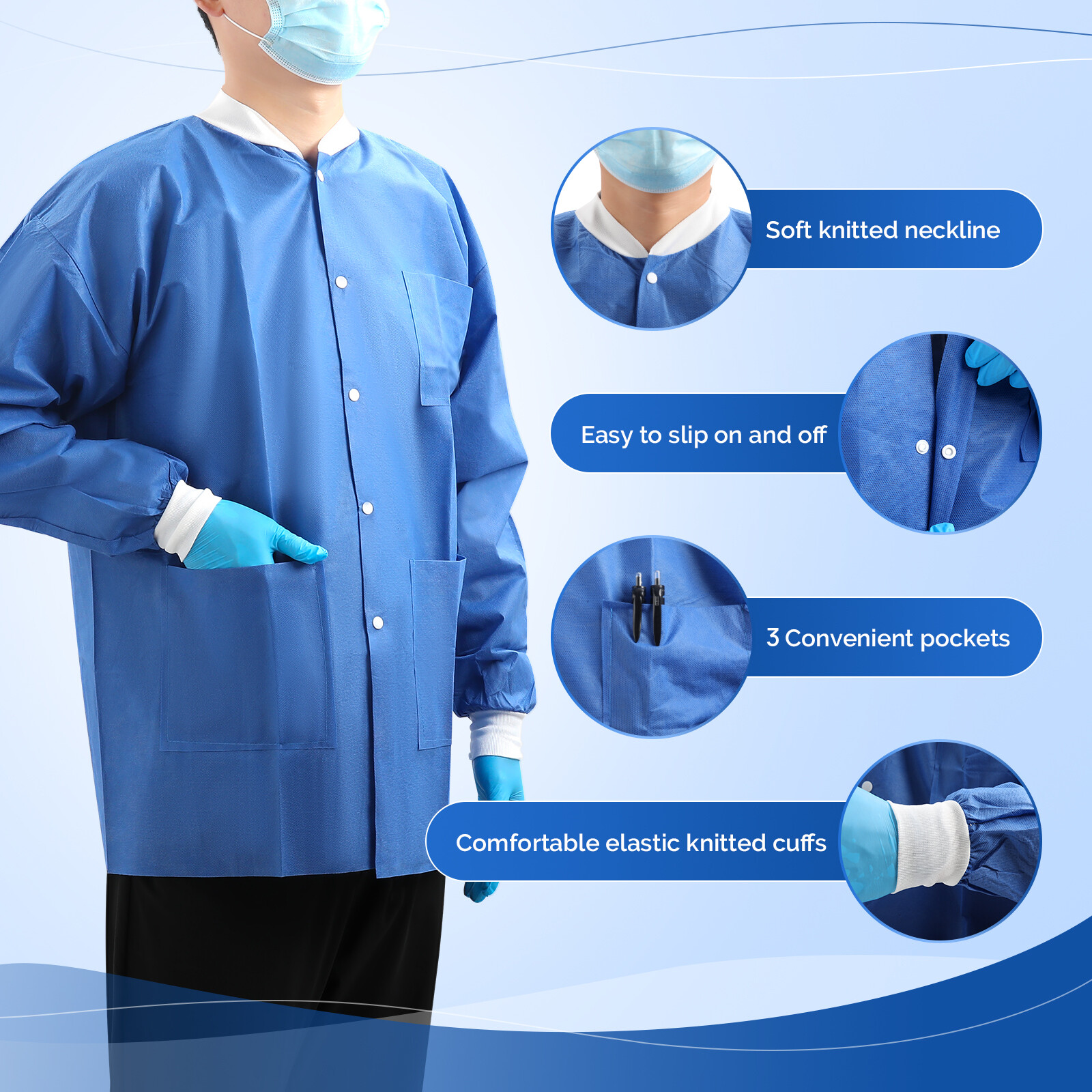 JMU Disposable SMS Lab Jackets Hip Length Medical Jacket W/3 Pockets 40g SMS