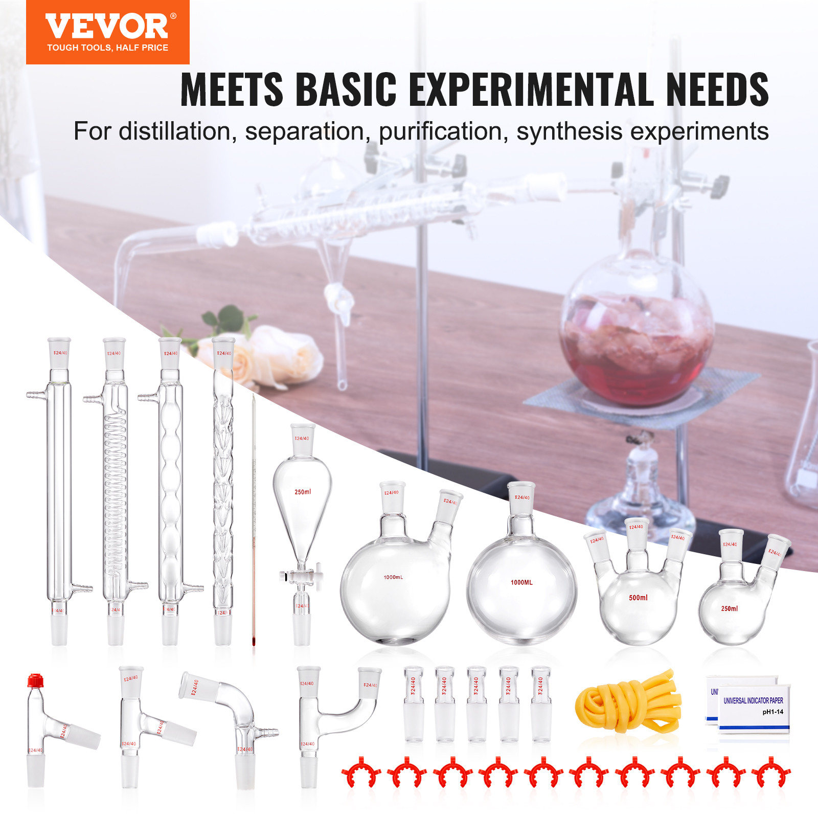 VEVOR Lab Glassware Distillation Kit 1000ml 3.3 Boro 32 pcs Glassware Equipment