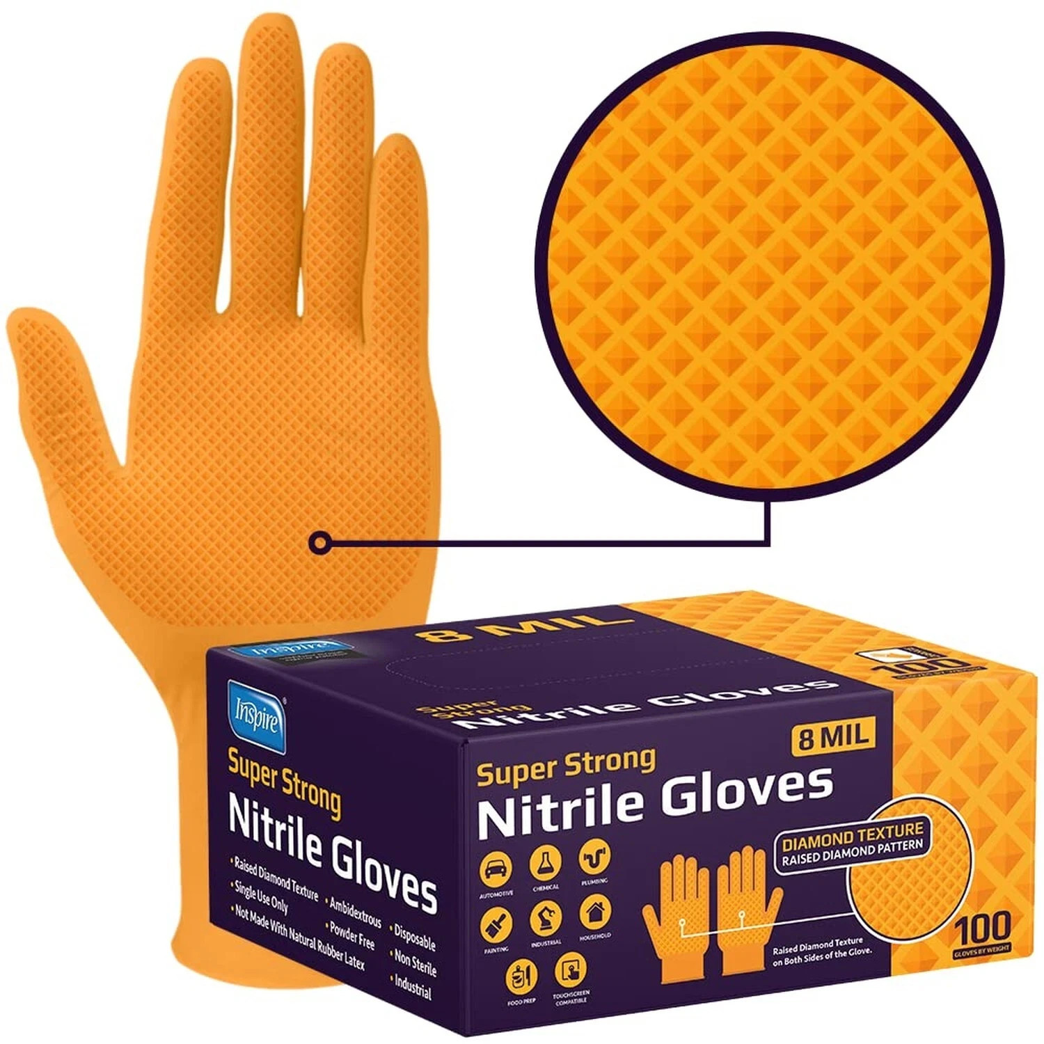 Inspire Heavy Duty Orange Nitrile Disposable Gloves | ULTRA 8 Mil Diamond Tex…
