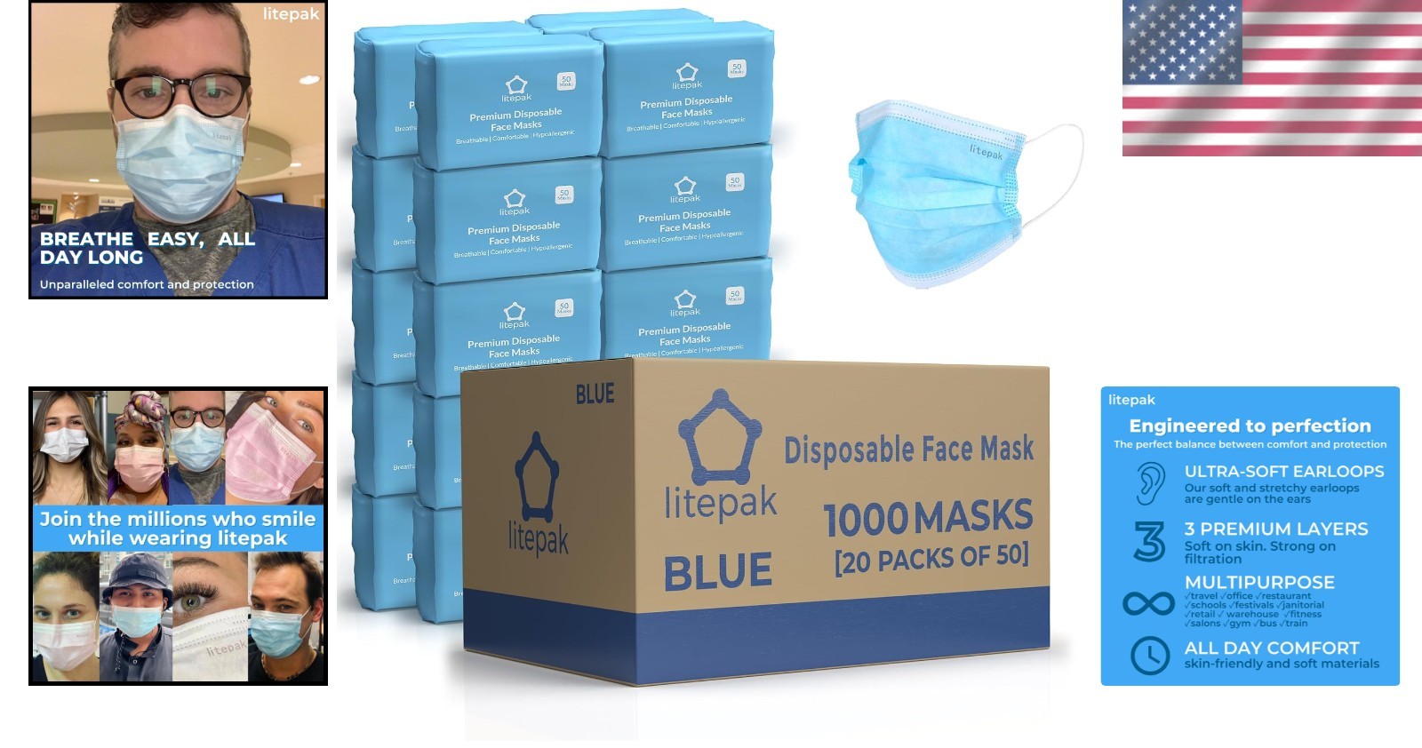 Adult 1000ct Blue Disposable Face Masks Lightweight Comfortable Stretchy Earloop