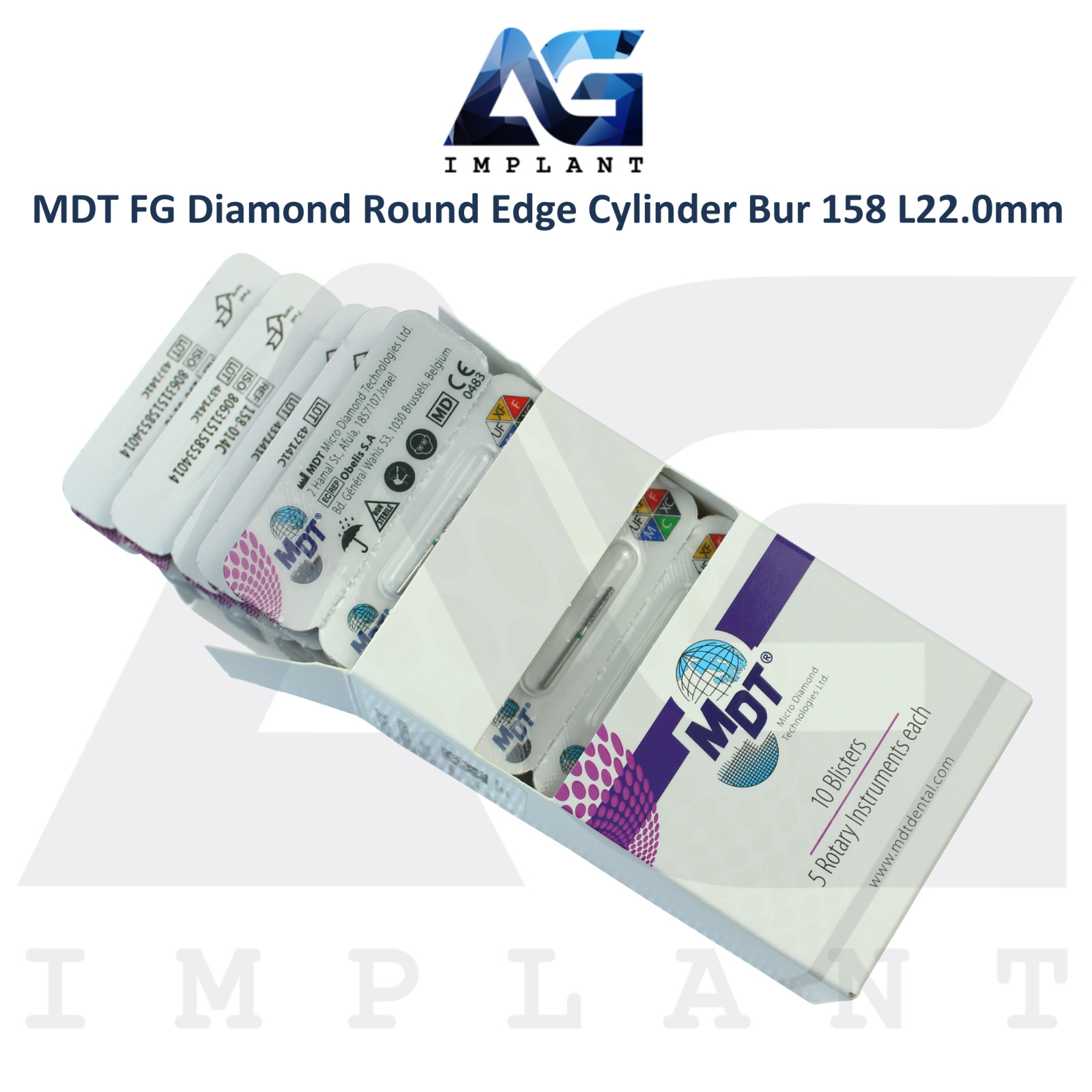 MDT Dental FG Diamond Coated Round Edge Cylinder Bur 158 L22.0mm Ø0.14mmX8.0mm
