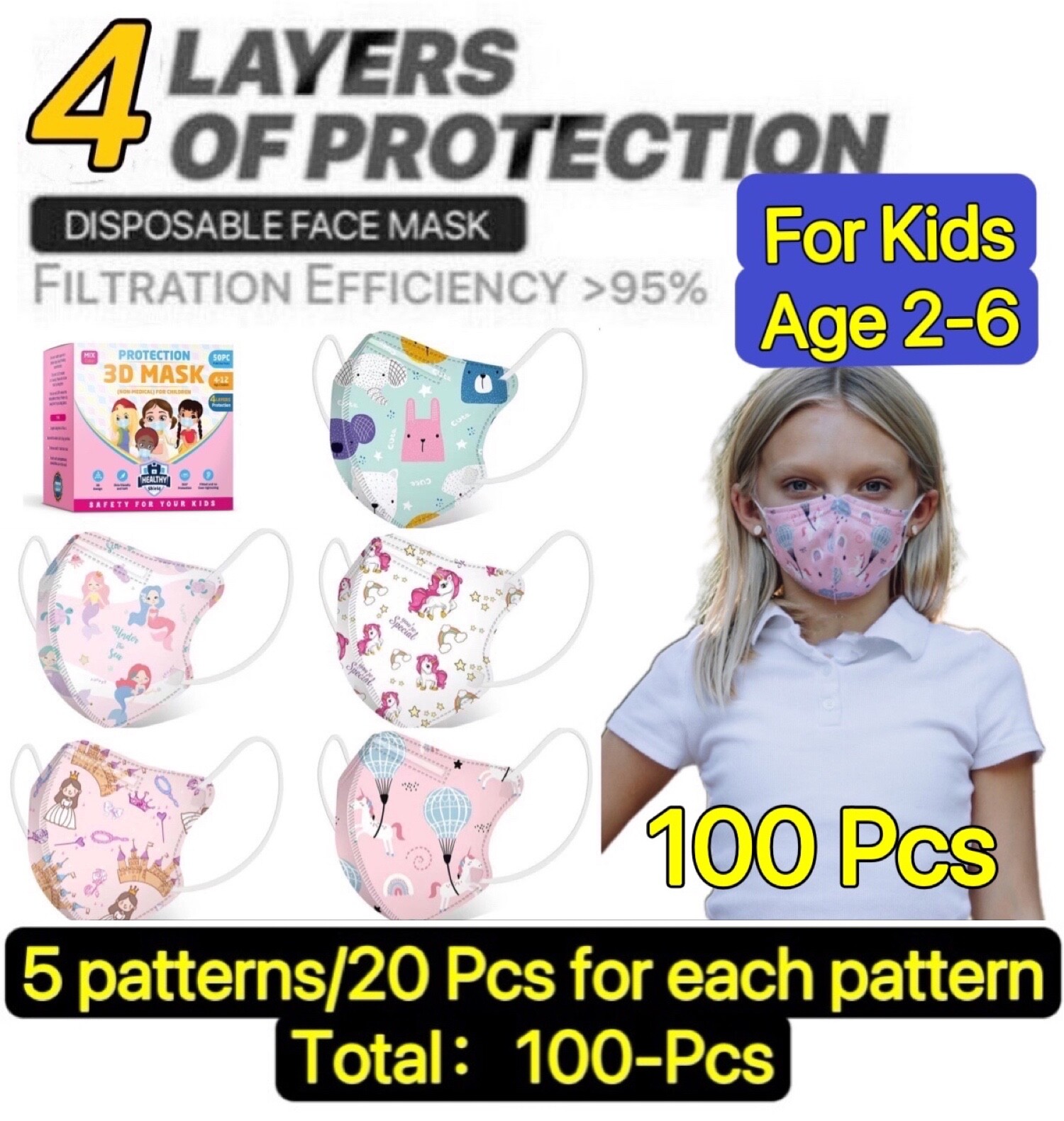 100 Pcs Cartoon Kids BFE 95% Protective 4 Layer Face Masks Disposable Respirator