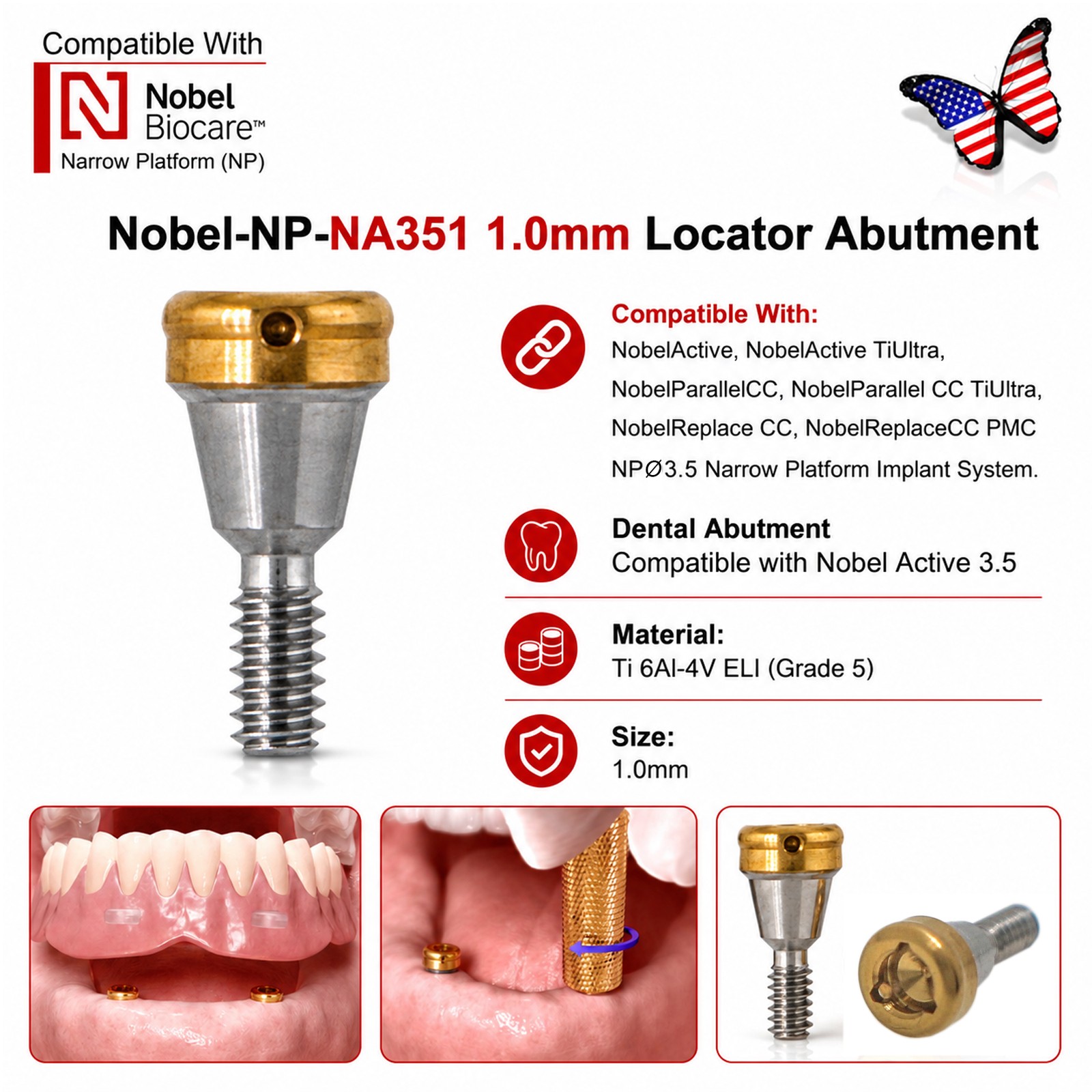 US Tapered Titanium Zest Locator Overdenture Abutment NobelActive Conical NP RP