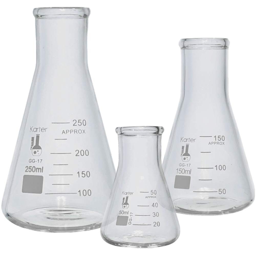 Glass Erlenmeyer Flask Set – 3 Sizes – 50 150 and 250ml Karter Scientific