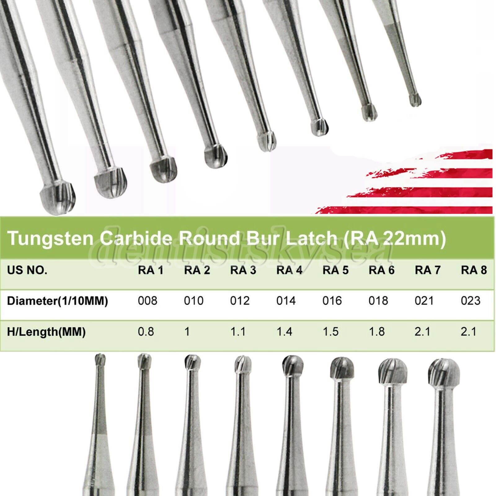 8 Types Dental Round Carbide Bur for Slow Speed Latch Type RA 1# – 8# Burs