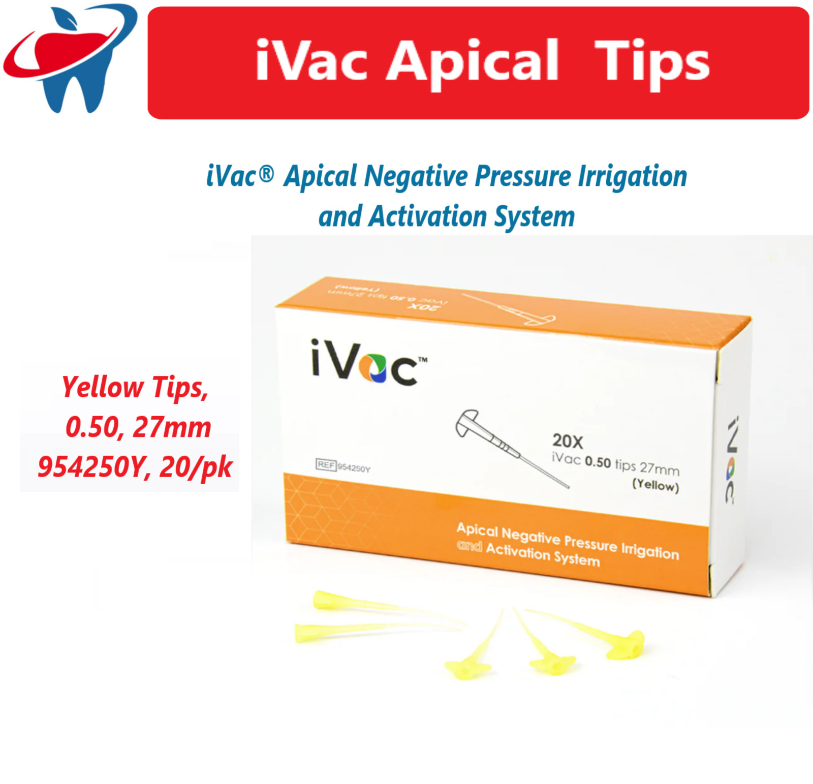Dental Endo iVac Apical Irrigation System Yellow Tips, 0.50, 27mm, 20/Pk PacDent