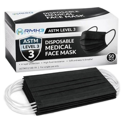 RMH3 Dental Disposable 4-Ply ASTM Level 3 Ear-Loop Face Mask, Black, 50/Pk