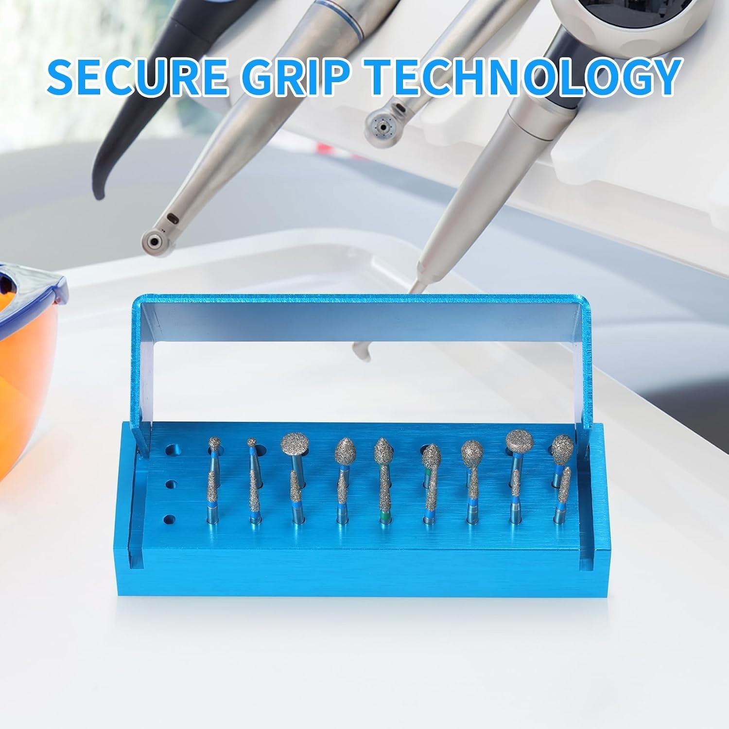 High-Temperature Resistant Dental Bur Block with Flip-Top Cover in Elegant Blue