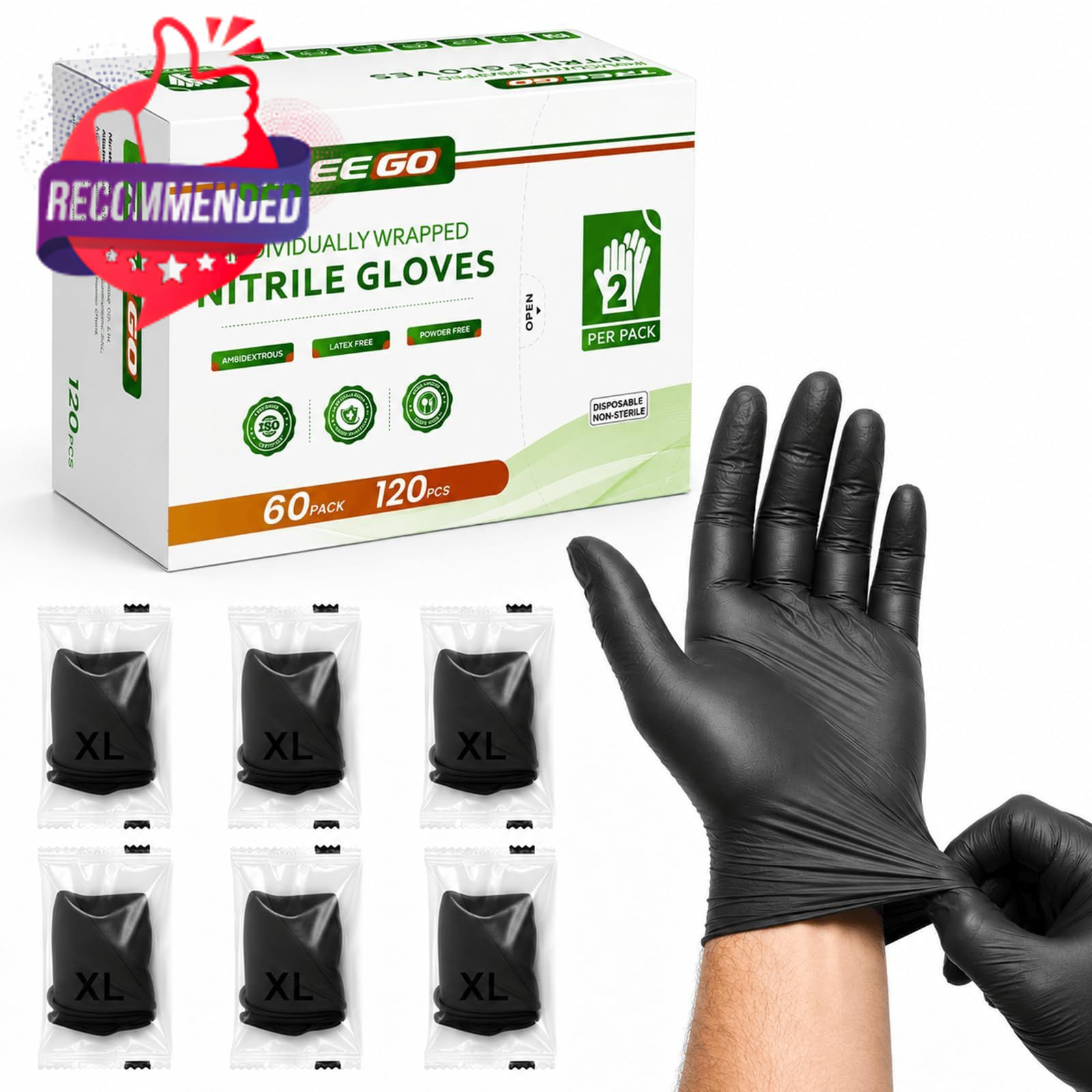Individually Wrapped Black Nitrile Gloves X-large, 510(k)-cleared 5 Mil