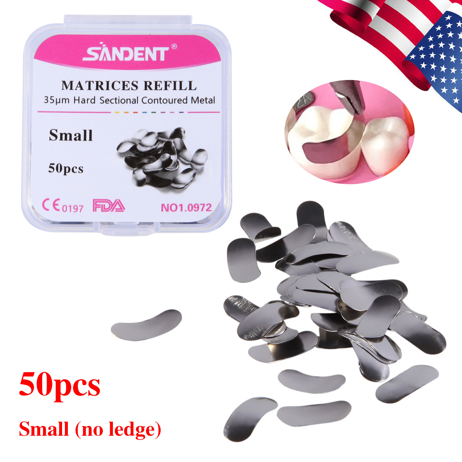 50PC/PK Dental Metal Matrices Sectional Contoured Matrix Refill Hard Bands Small