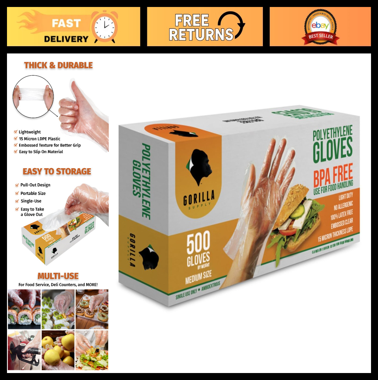 1000 Count Disposable Gloves – BPA Free Poly PE LDPE for Kitchen Food Prep, Medi
