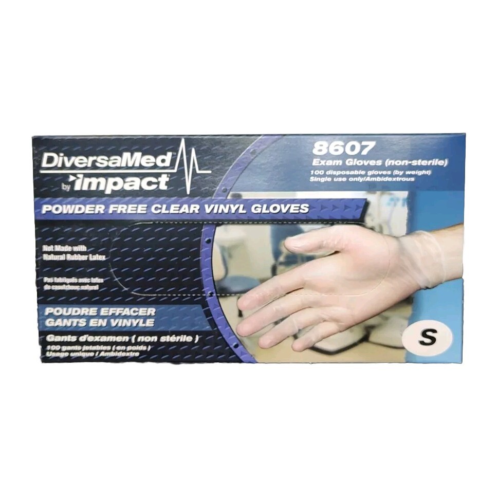 Qty 1000 – 10 Boxes of 100 Pk Small Vinyl Exam Gloves DiversaMed by Impact 8607
