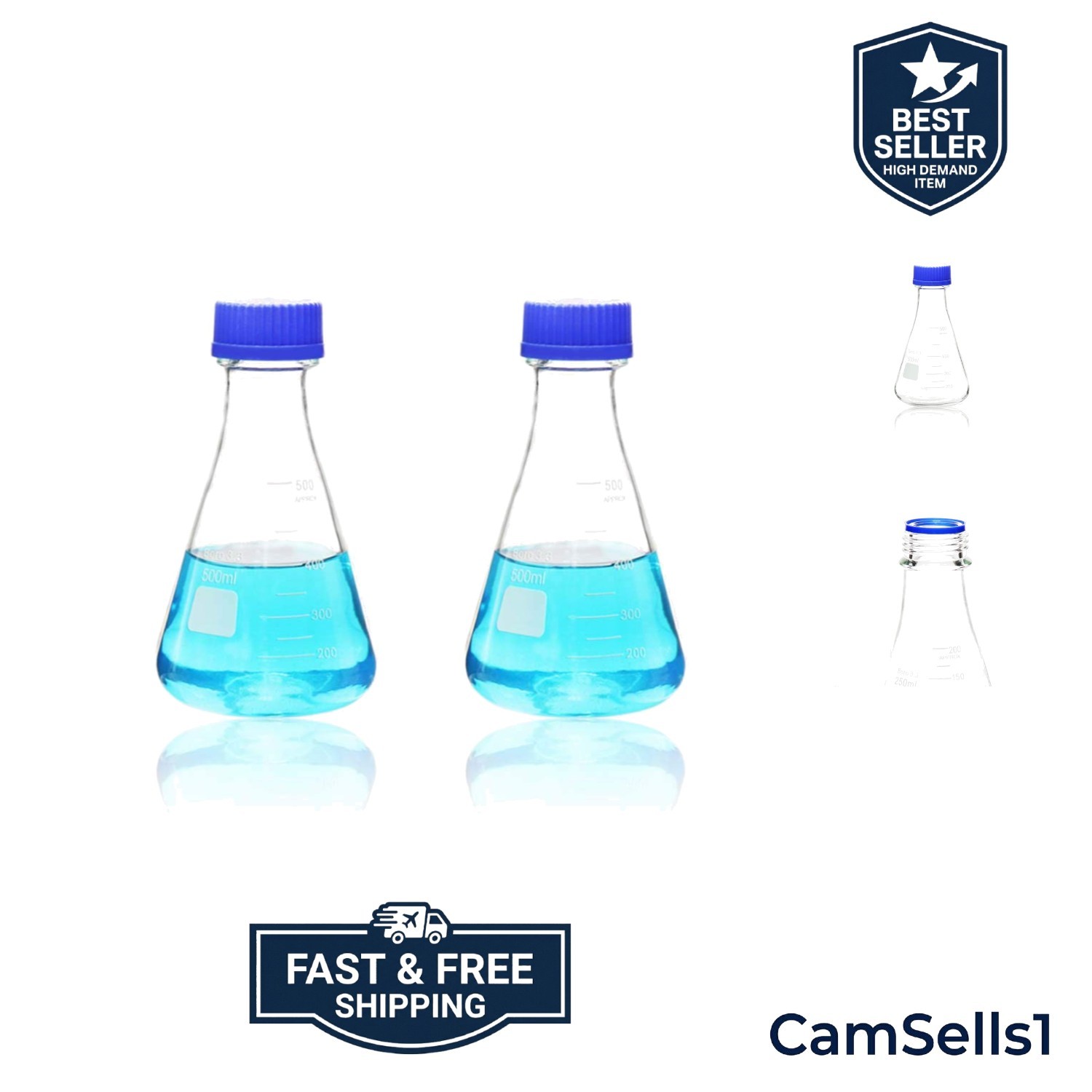 Scientific Erlenmeyer Flask with Blue Screw Cap, 17oz 500ml, 3.3 Borosilicate…