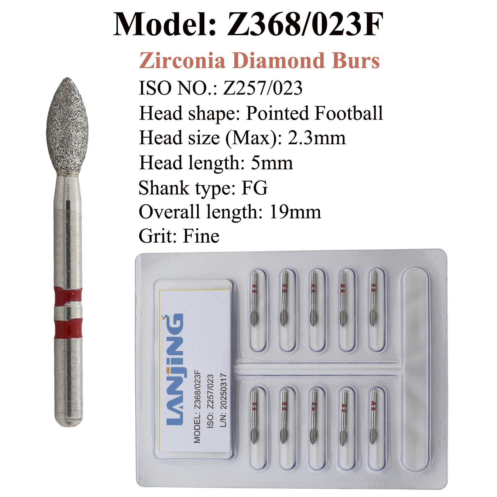 Dental Zirconia Cutting Diamond Bur Round End Cylinder Taper Football FG 379 856