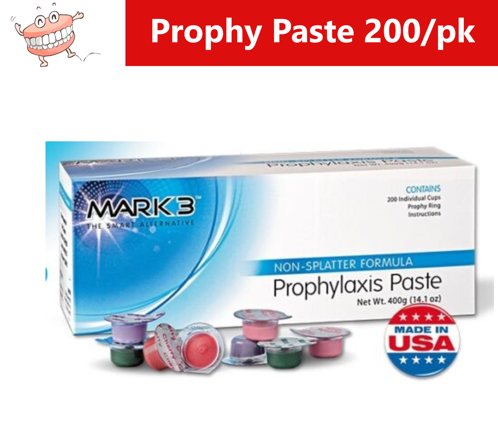 Dental Prophy Paste MEDIUM MINT, 200 cups Prophylaxis Non Splatter Mark3