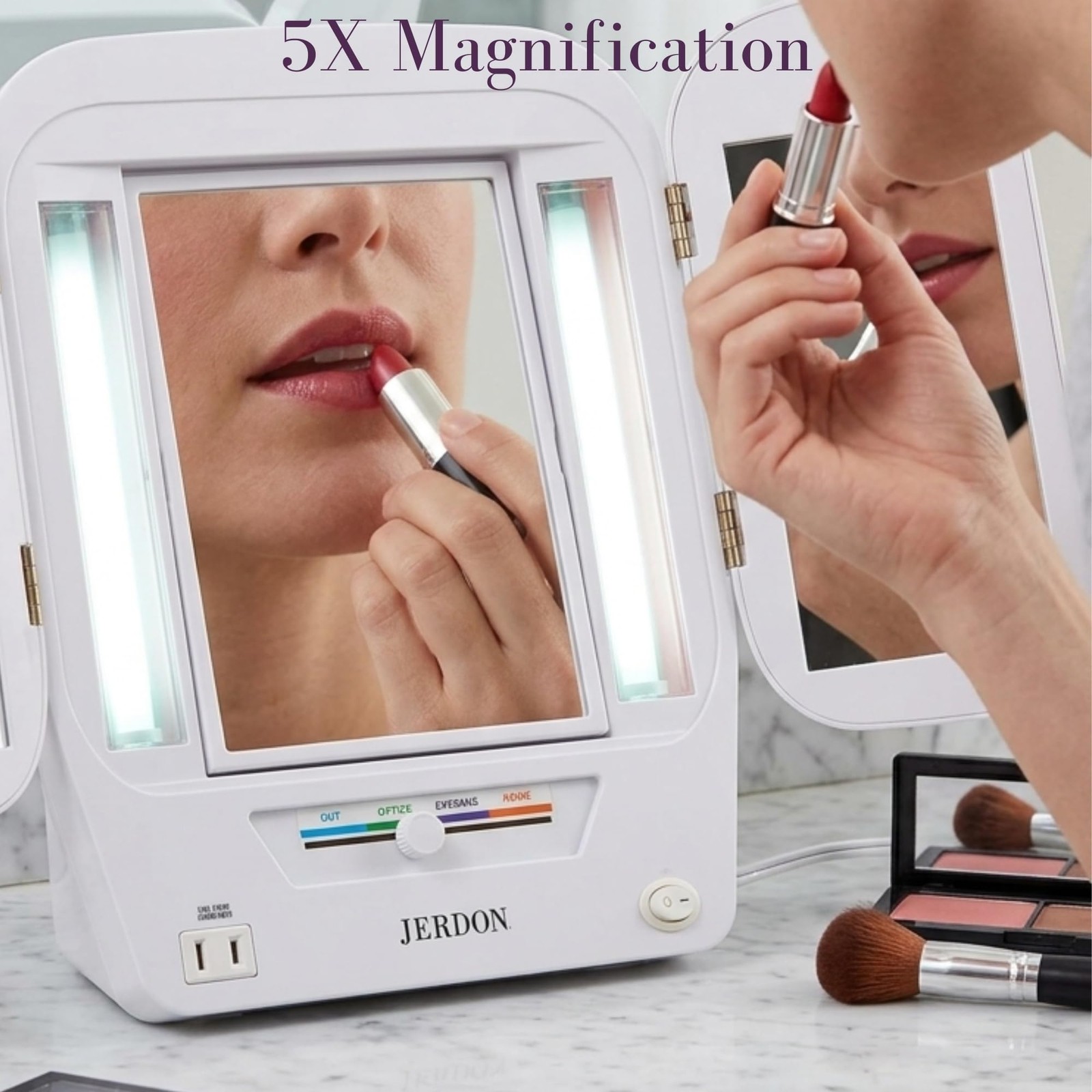 JERDON Tri-Fold Lighted Makeup Mirror with 12.5″L x 11″W, Jgl10w Modern White