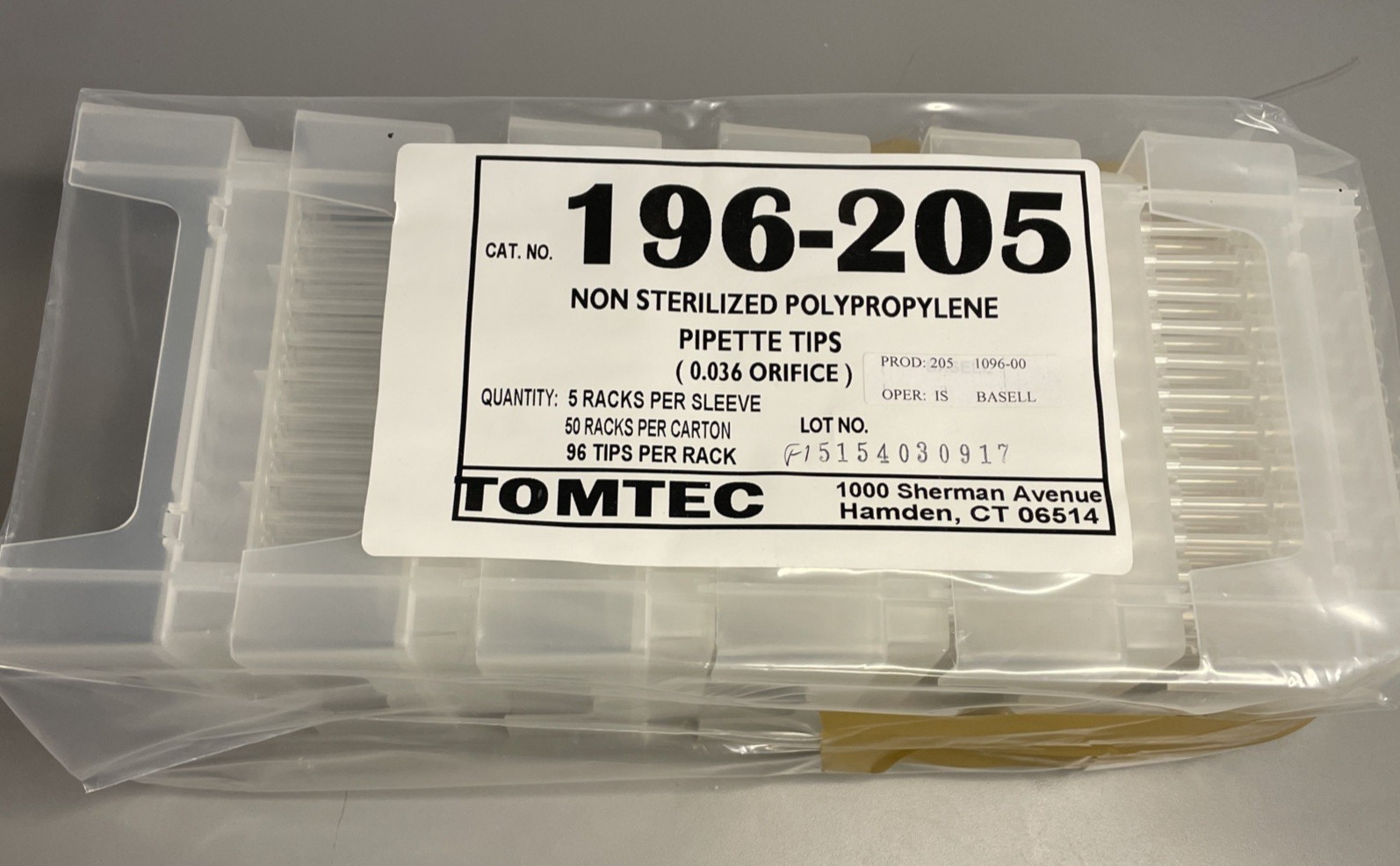 Tomtec 196-205 Pipette Tips 450uL Quadra Non-Sterile – 5 Racks, 480 Tips