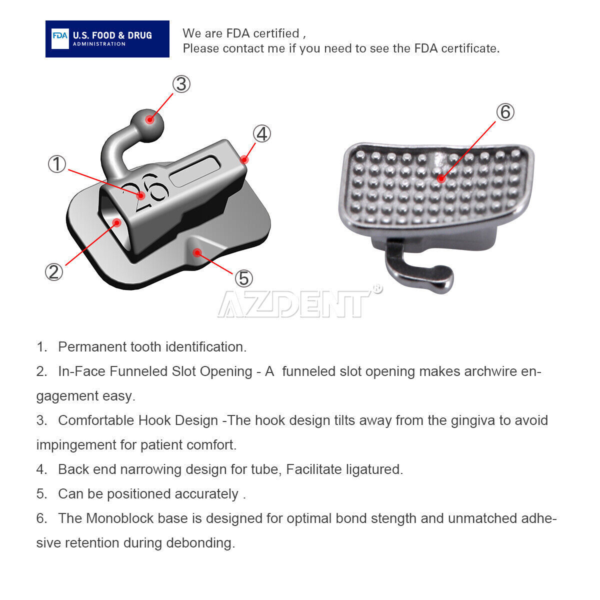 AZDENT Dental Ortho Self-Ligating Brackets Braces Roth/MBT.022 Hook 345 Metal