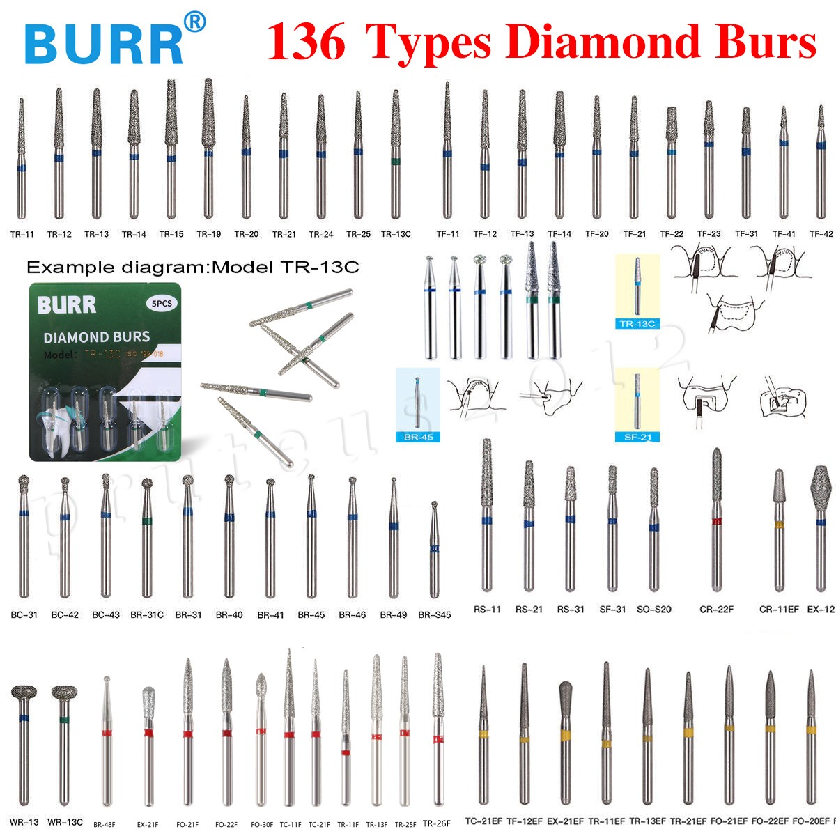 50pcs Diamond Burs FG Round End Taper Pear Football Fine Coarse Grit