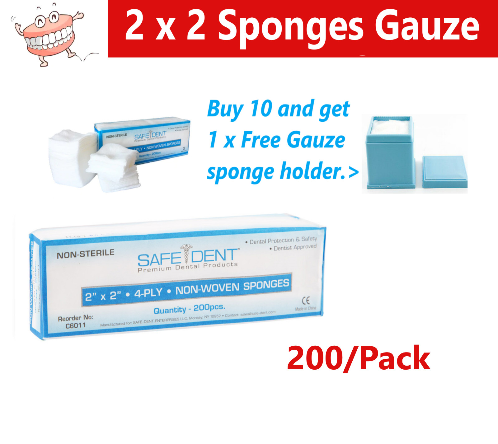 DENTAL 2 x 2 Sponges Gauze Non-Woven sponges, 4-Ply, Gauze Pad, Medical 200/Pack