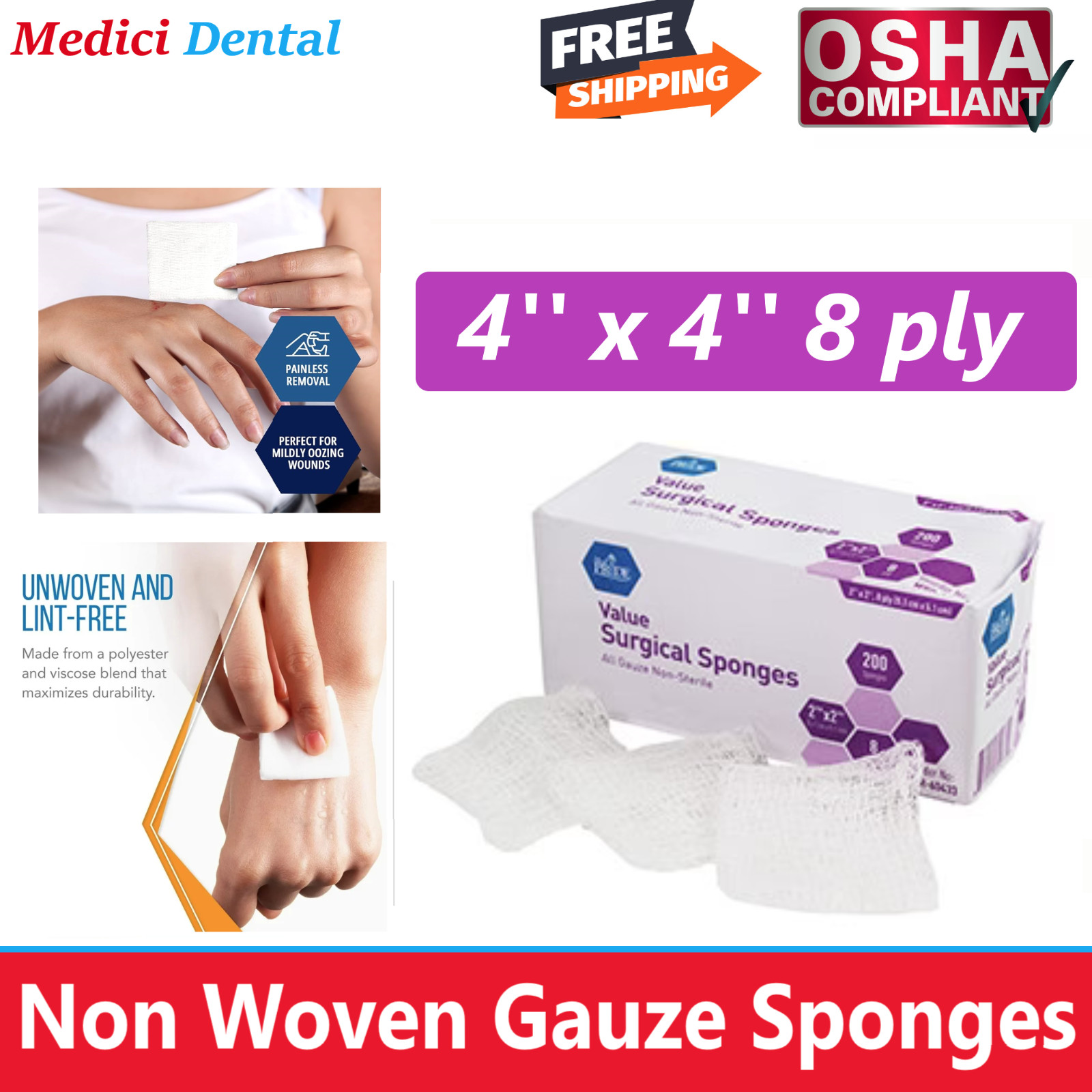 4×4 Non Woven Sponges 8-Ply, Non-Sterile Cotton Dental Surgical Gauze – 2000/Box
