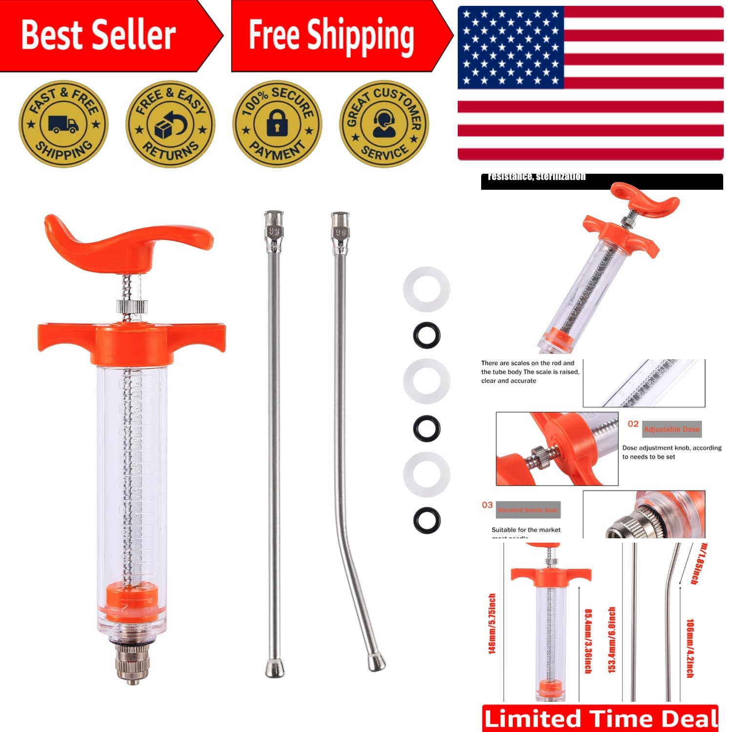 20ml Veterinary Drenching Syringe – Adjustable Dosage with 2 Nozzles for All …