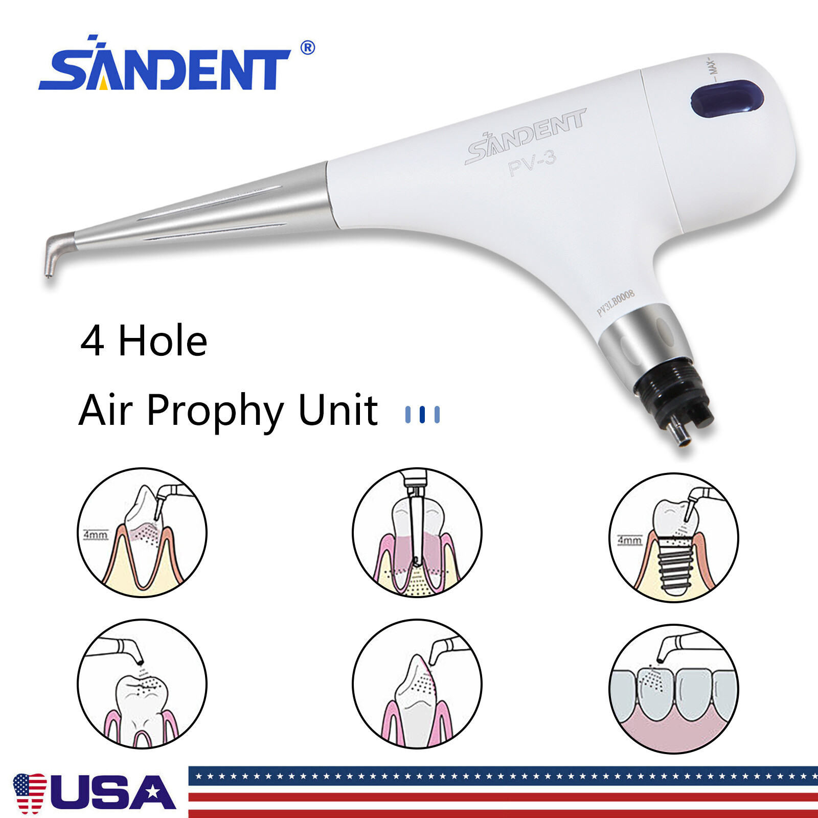 Dental 4 Hole Air Prophy Flow Teeth Polishing Polisher Handpiece Hygiene PV3 WW