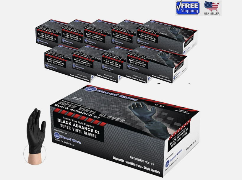 Advance Black Vinyl Nitrile Blend Powder-Free Gloves 5.5 mil, S M L XL 1000 PCS