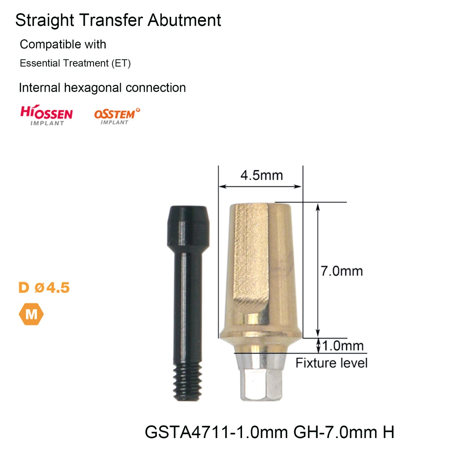 Hiossen ET/TS Dental Titanium Hex Cemented Straight Abutment Mini/Regular Plat