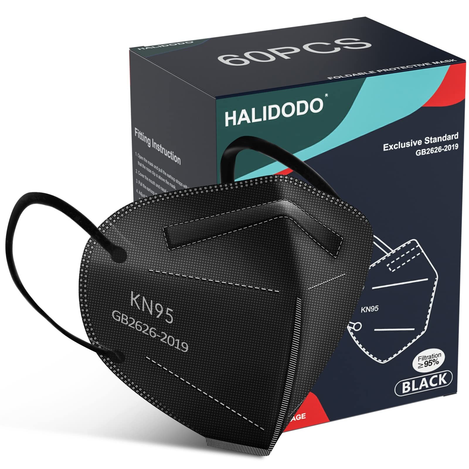 HALIDODO Individually Wrapped, 60 Packs KN95 Face 1 Count (Pack of 60), Black