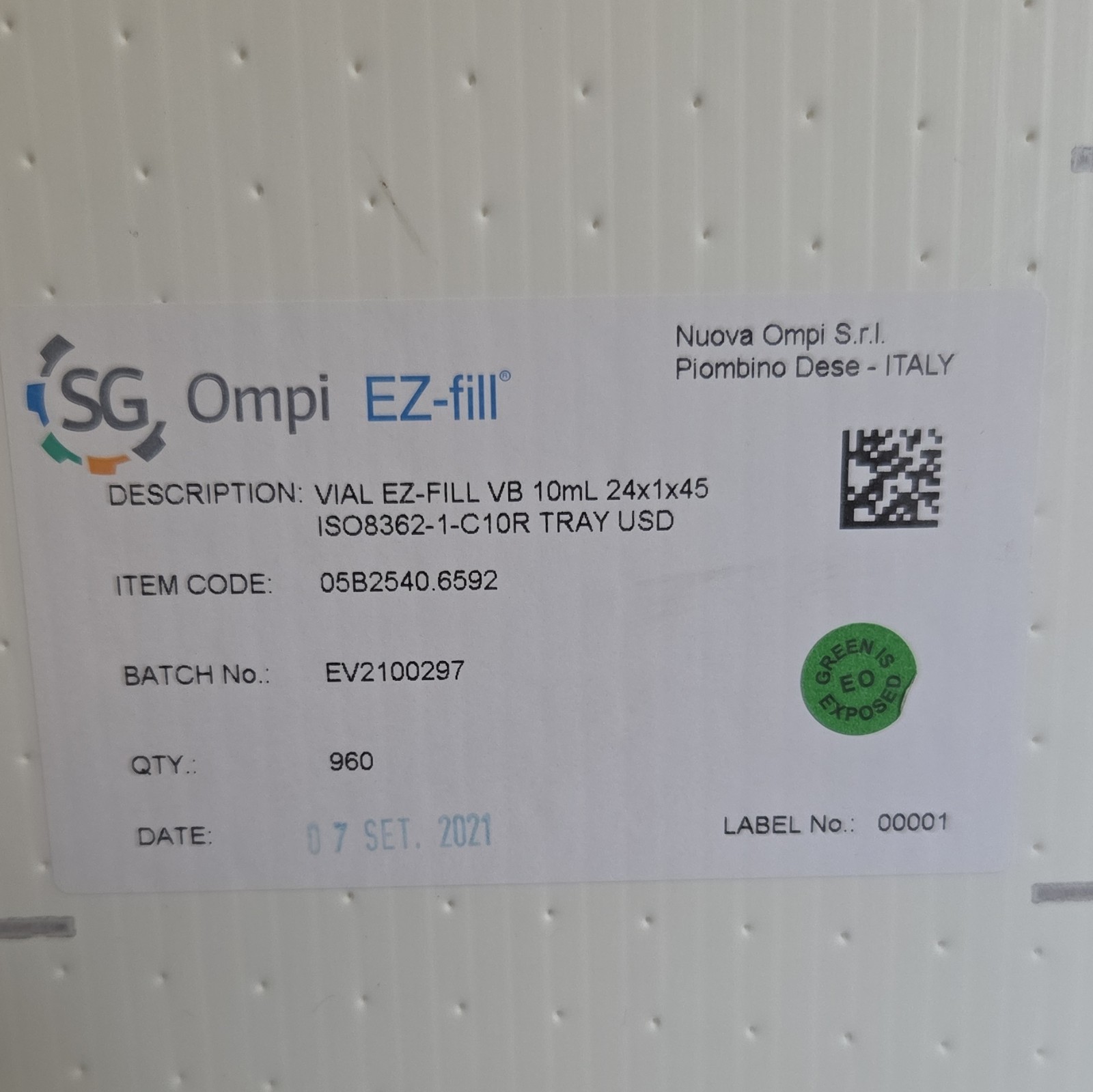 SG Omppi EZ-fill 10mL Ready-to-Fill Glass Vials Tray 05B2540.6592
