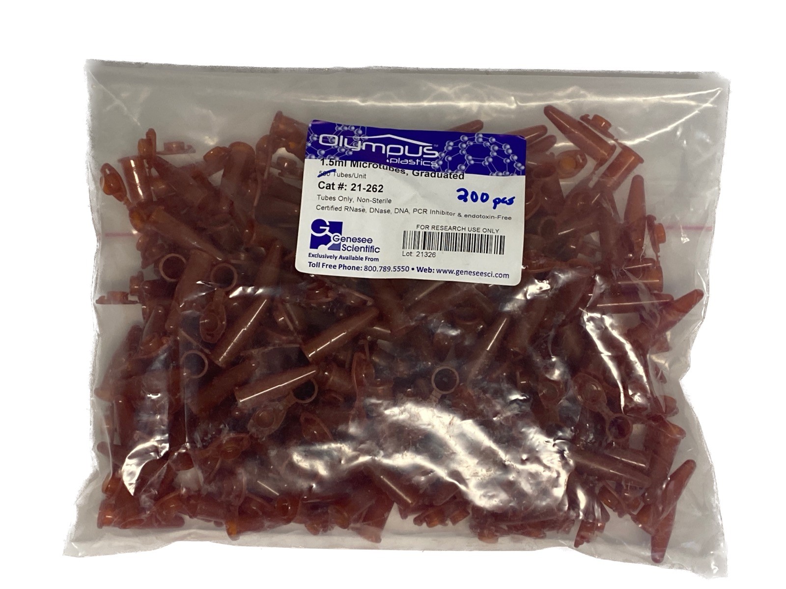(200) OLYMPUS 1.5mL Graduated Conical Centrifuge Tubes Attached Snap Cap 21-262
