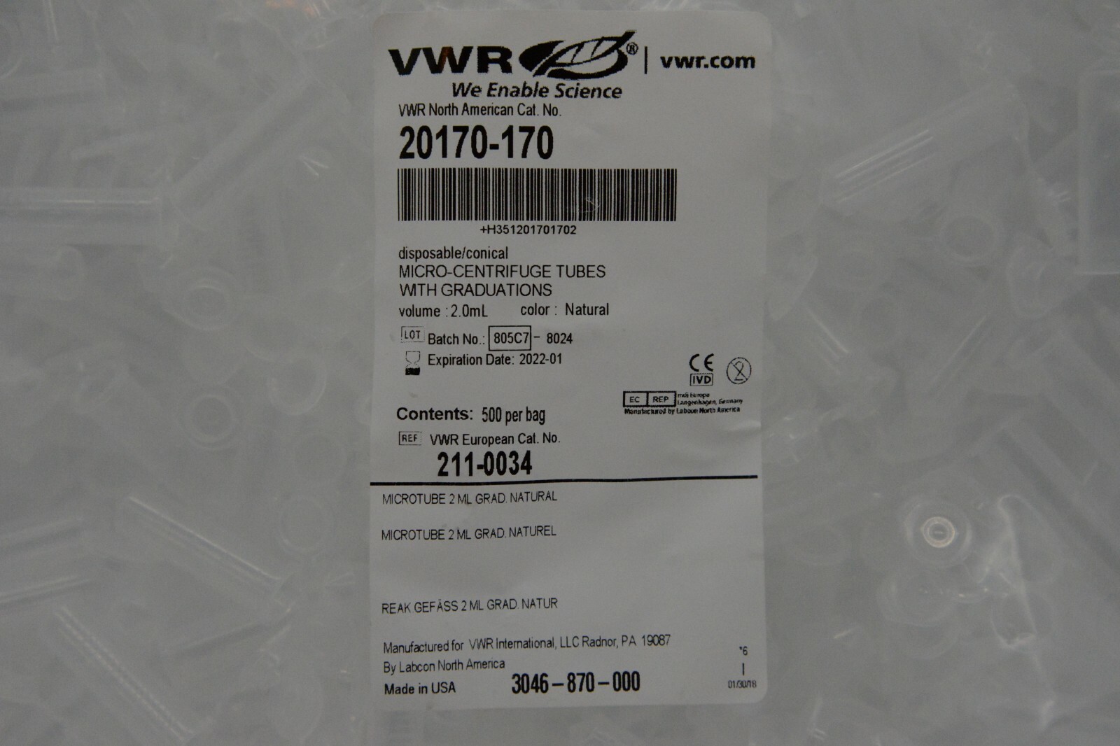 VWR 20170-170 Micro-Centrifuge Tubes 2.0mL Natural Bag of 500 211-0034