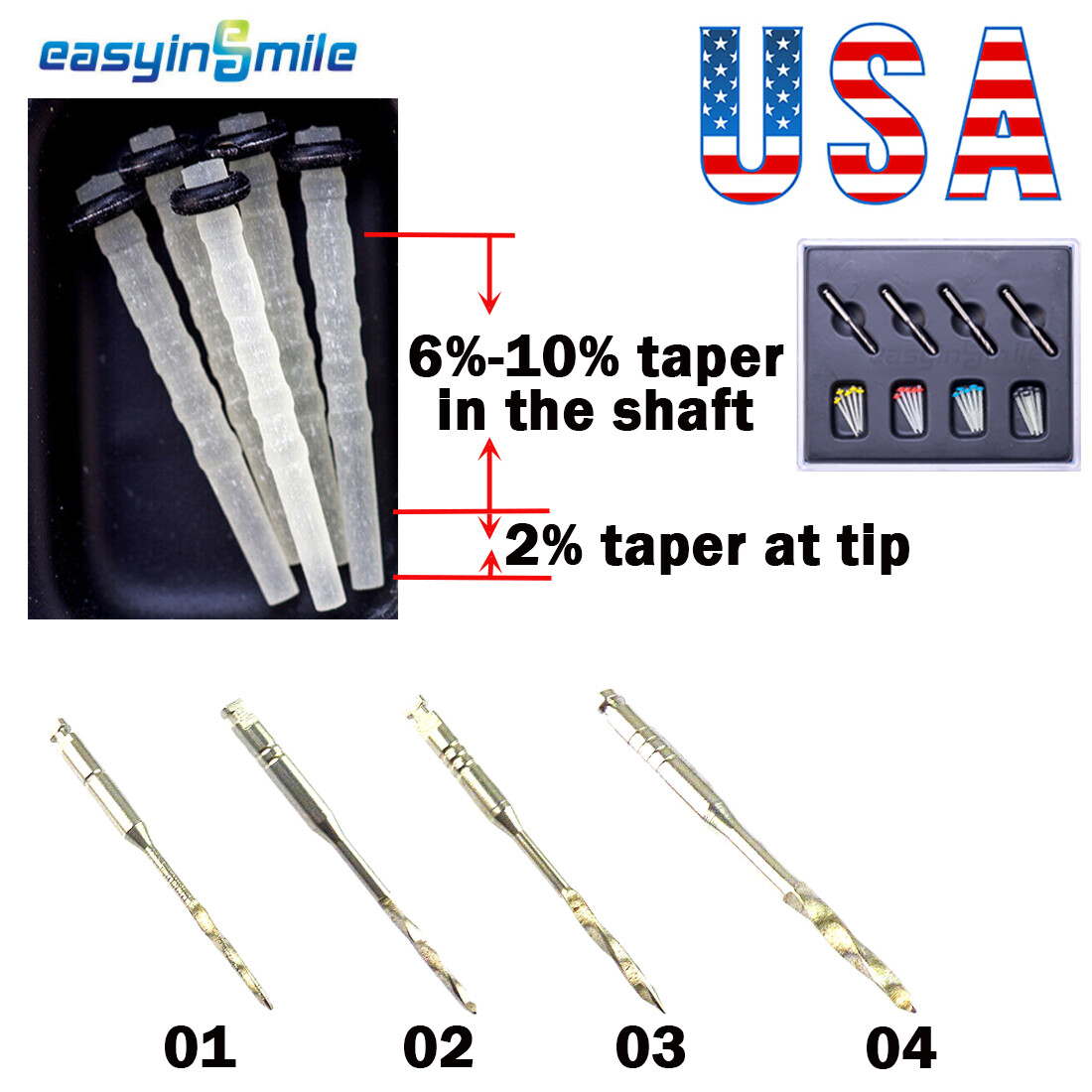 Dental Endodontic Fiber Post Root Canal Pin Screw Quartz Glass Posts + 4 Drills