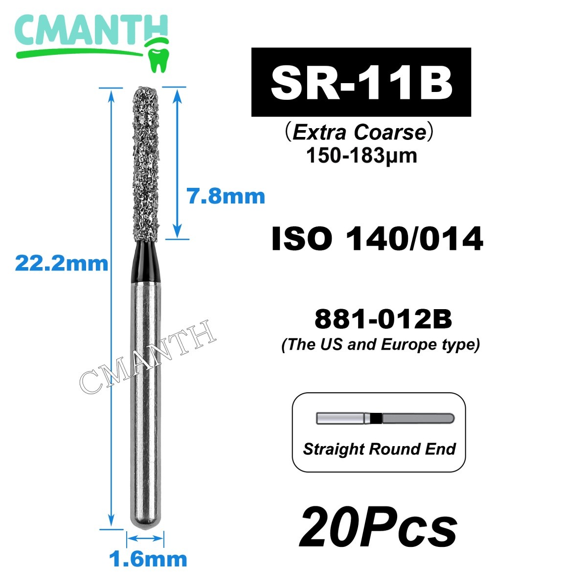 20Pcs SR Extra Coarse Dental Diamond Burs 140-014 High Speed Drills Tools 1.6mm