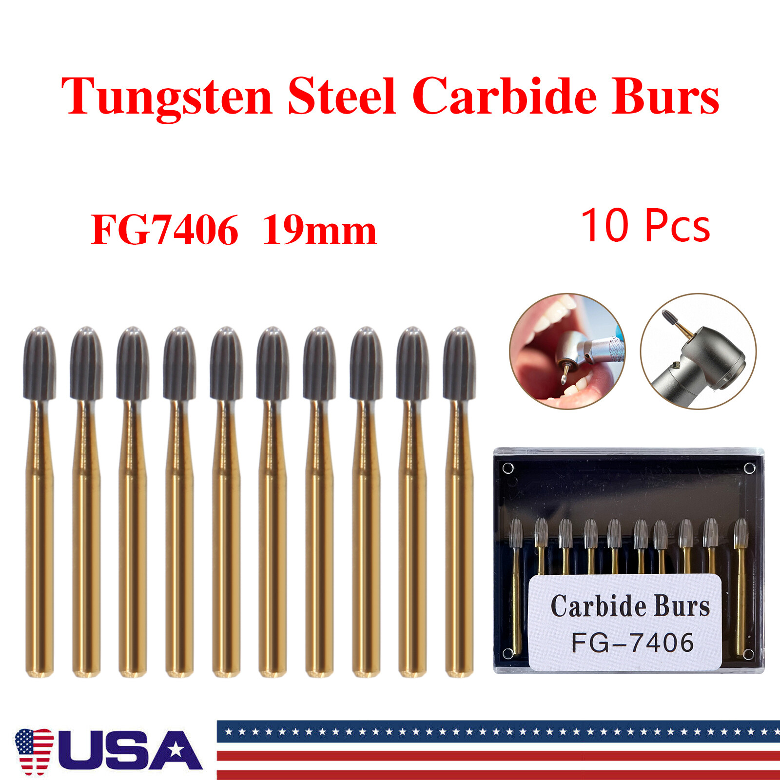 10-100 Pcs Dental Tungsten Carbide Burs Trimming & Finishing Bur 7406 Egg shape