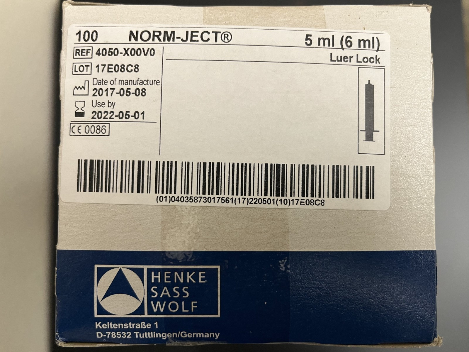 5 ML HSW Norm-Ject® Single-use Sterile Luer Lock Syringes, REF4050-X00V0, 100/PK