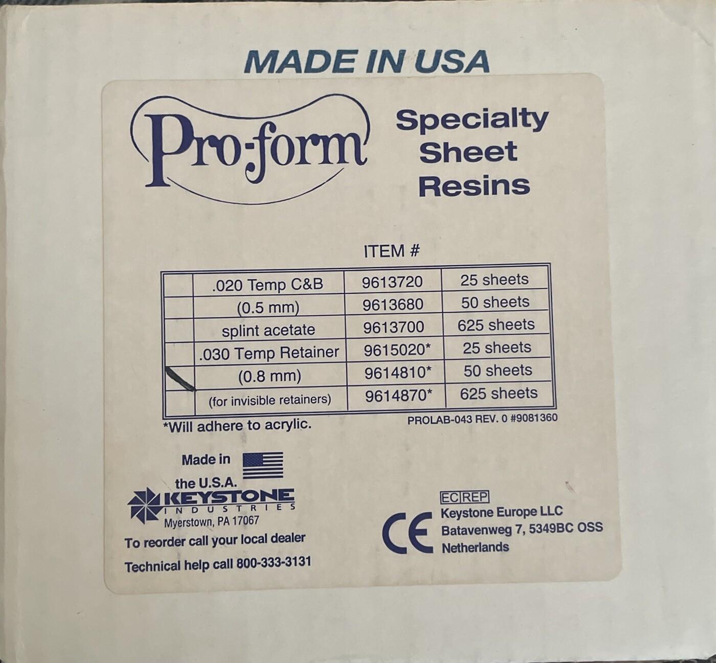 Keystone Dental Pro-Form 0.8mm) 9614810 Specialty Sheet Resins 50/pk Blue