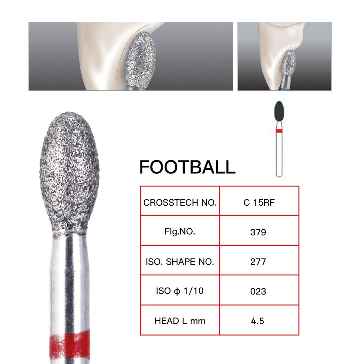 10 Box Dental Diamond Burs FOOTBALL 379-023F FINE RED DEFEND Friction Grip