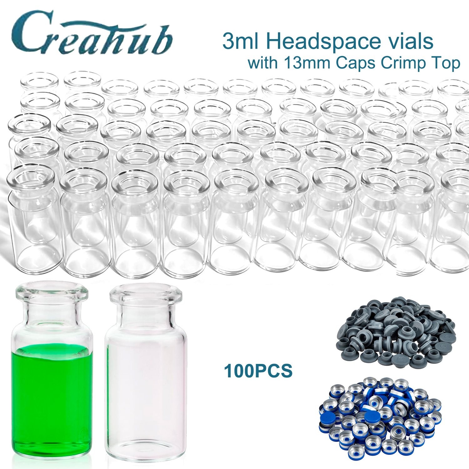 100PCS 3ml Headspace Vials Clear Glass Bottle 13mm Crimp top Flat Bottom HPLC