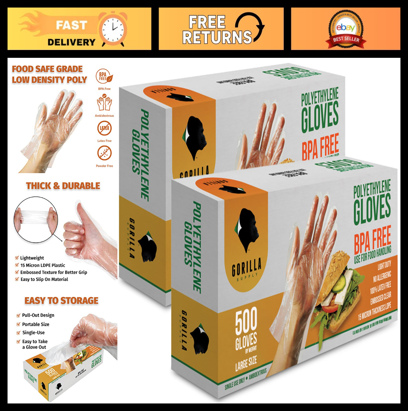 1000 Count Large Disposable Gloves – BPA Free Poly PE LDPE Plastic for Food Prep