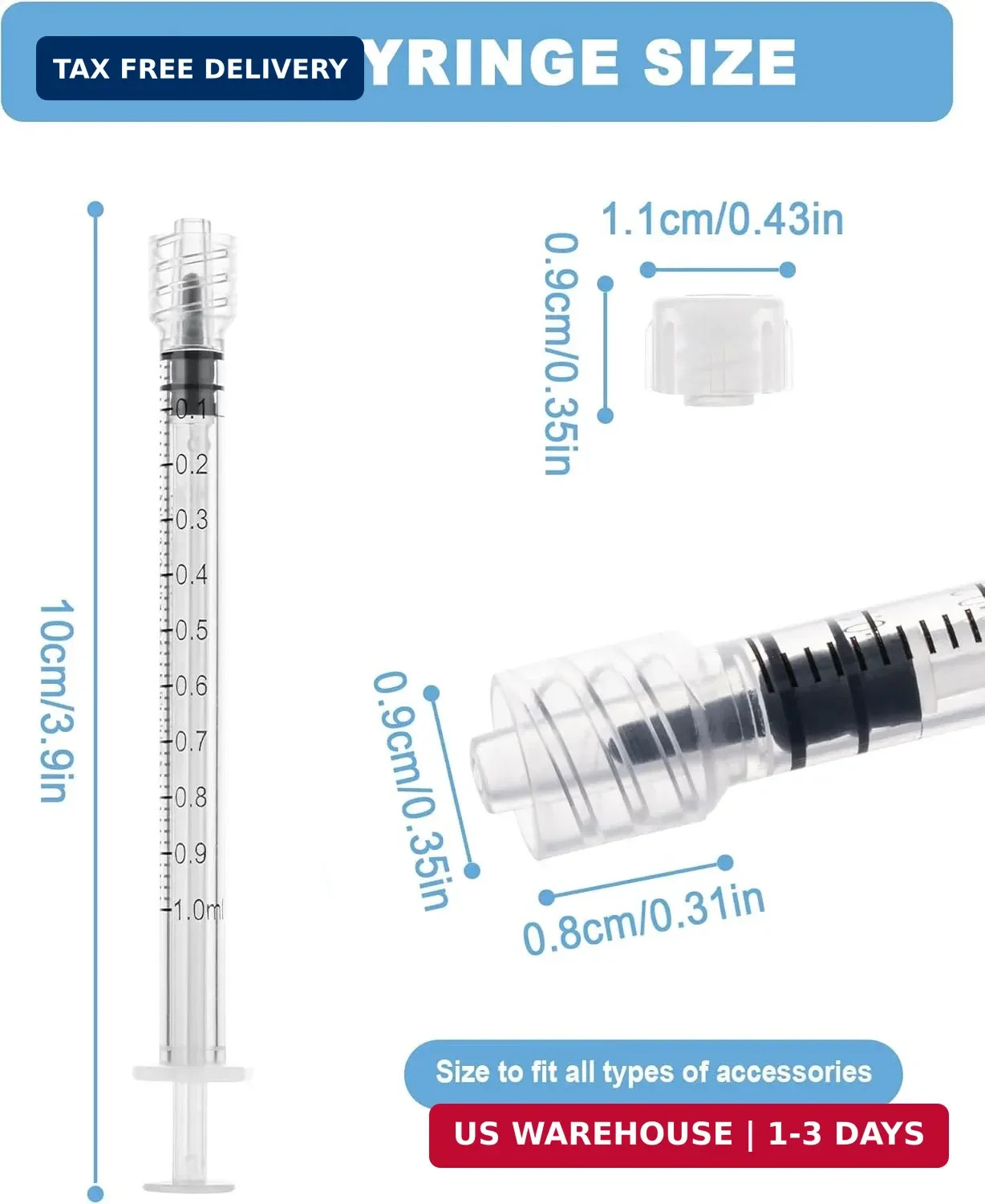 1mL Syringes without Needle, Luer Lock Syringe with Cap, Sterile Individually Wr