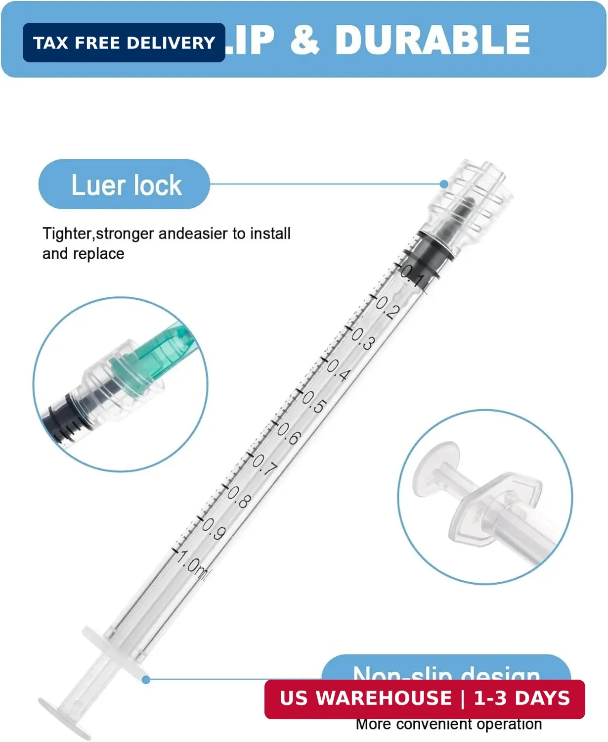 1mL Syringes without Needle, Luer Lock Syringe with Cap, Sterile Individually Wr