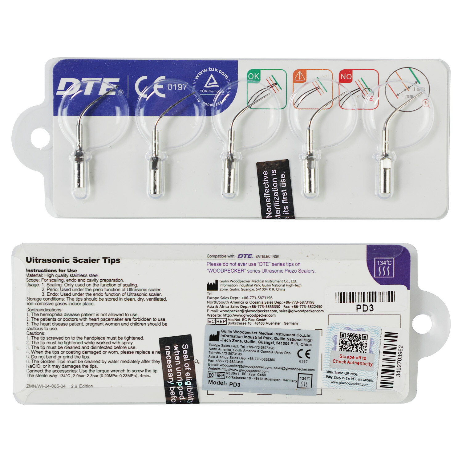 Woodpecker DTE Dental Ultrasonic Scaler Scaling Endo Perio Tips E ED G GD P PD
