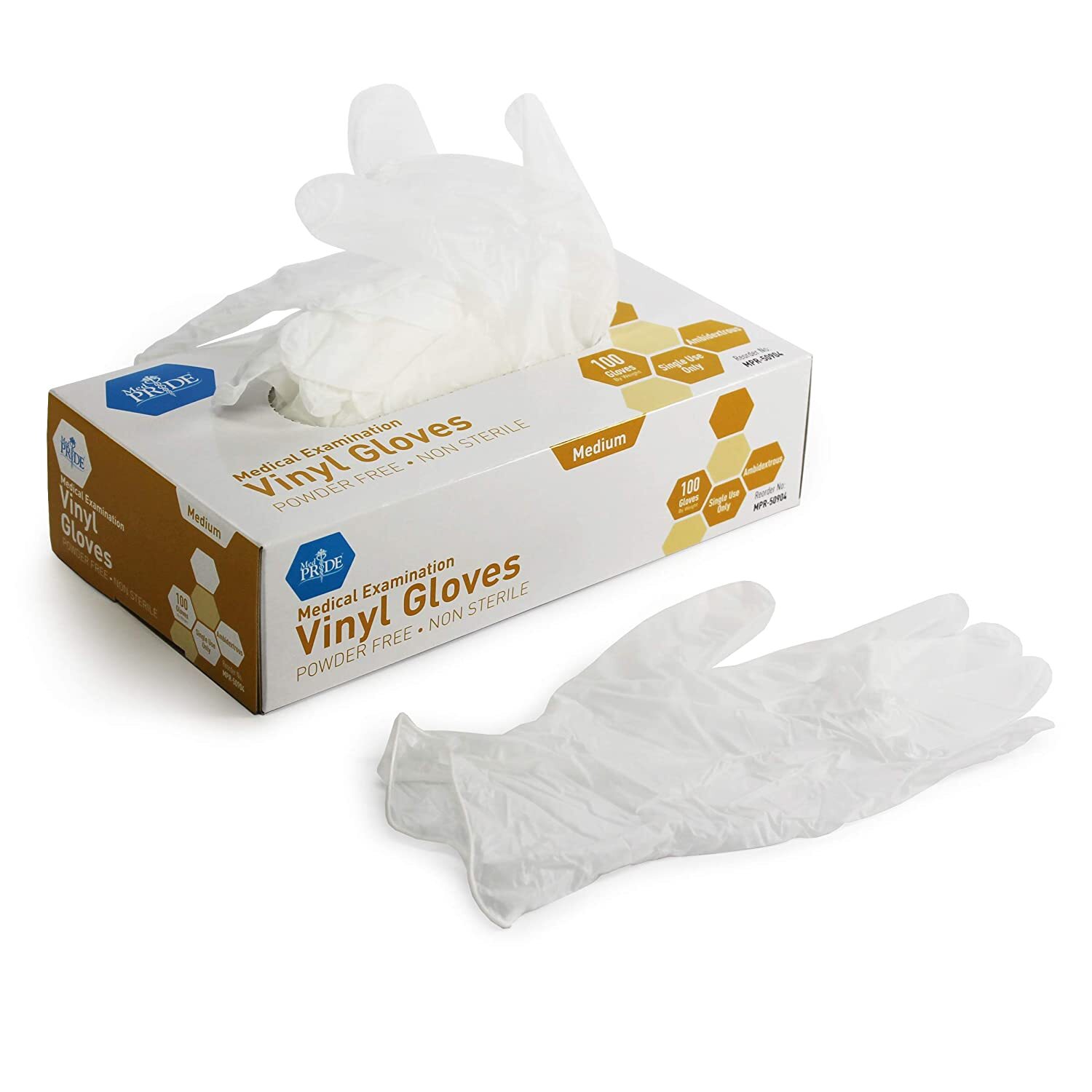Medpride Medical Vinyl Examination Gloves, Latex Free Rubber, All Sizes.-100/Bx