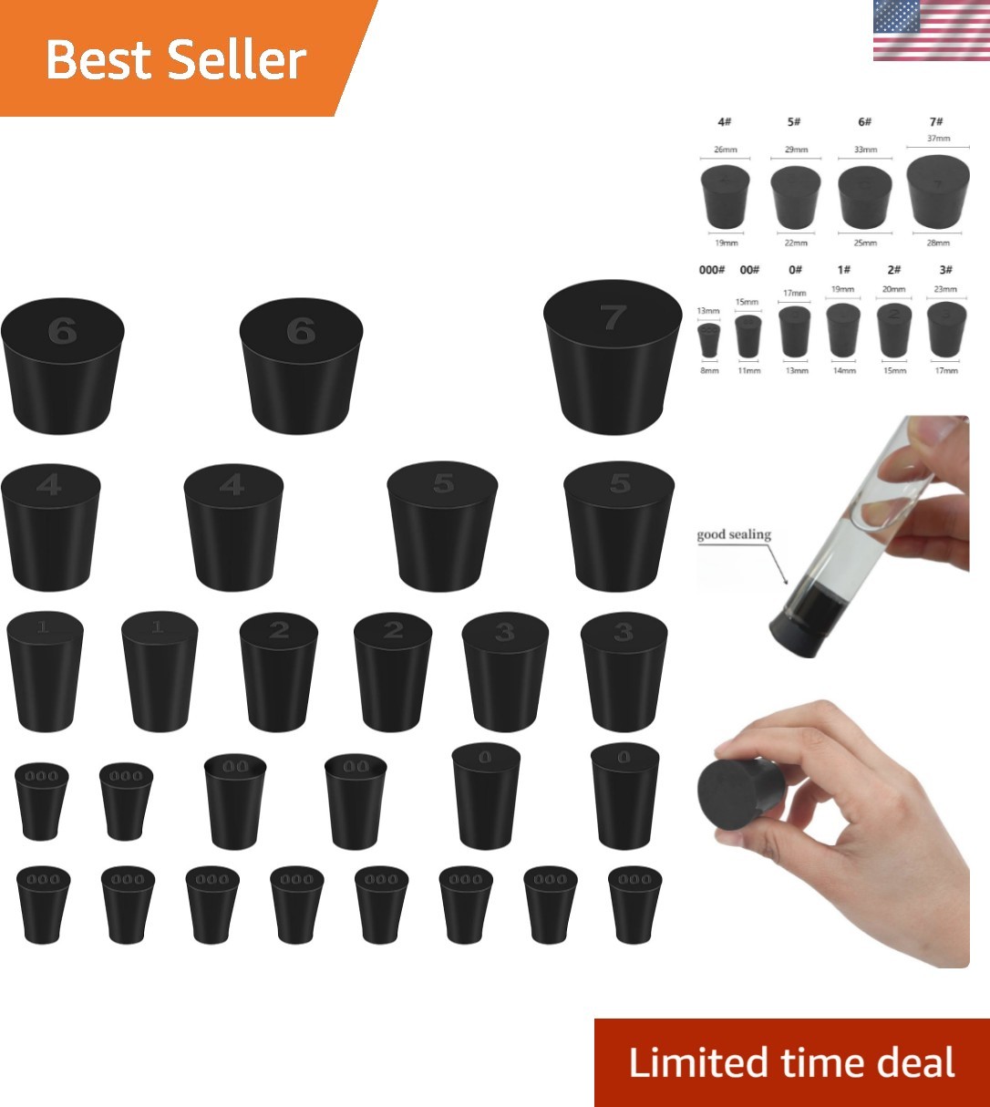27 Pack 10 Assorted Sizes – Tapered Lab Bungs Solid Rubber Stoppers