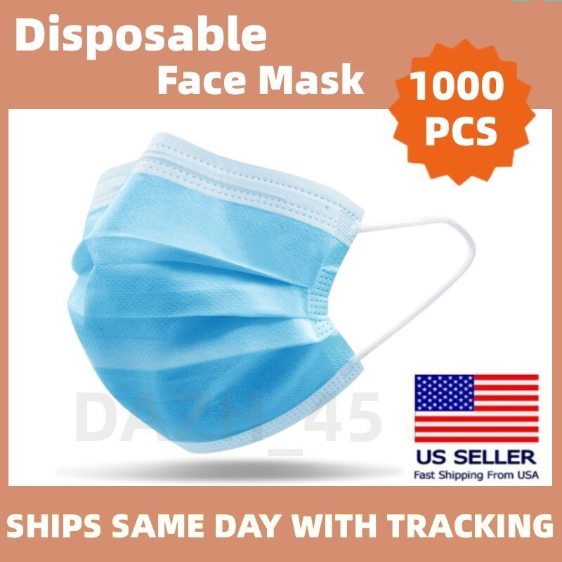 1000Pcs Face Mask Disposable Adults 3-Ply Non-Woven with Nose Clip Ear Loop Blue