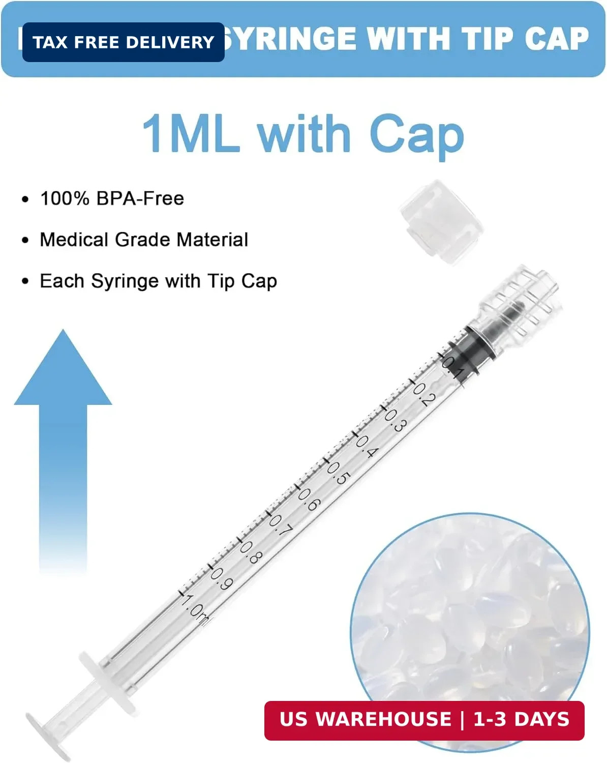 1mL Syringes without Needle, Luer Lock Syringe with Cap, Sterile Individually Wr