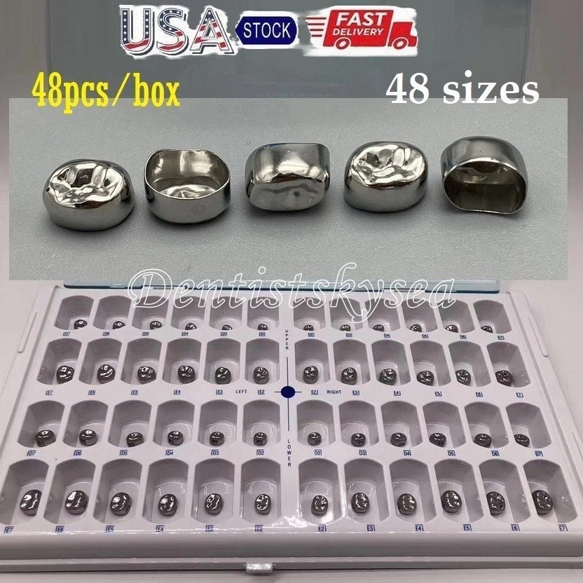 48pcs/box Set Kids Crown Stainless Steel Primary Molar Crowns Pediatric Dental
