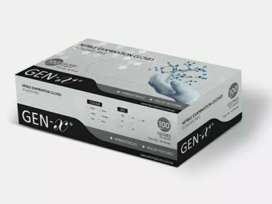 Gen-X Nitrile Examination Gloves, Powder Free, All sizes 100 Gloves Per Box –